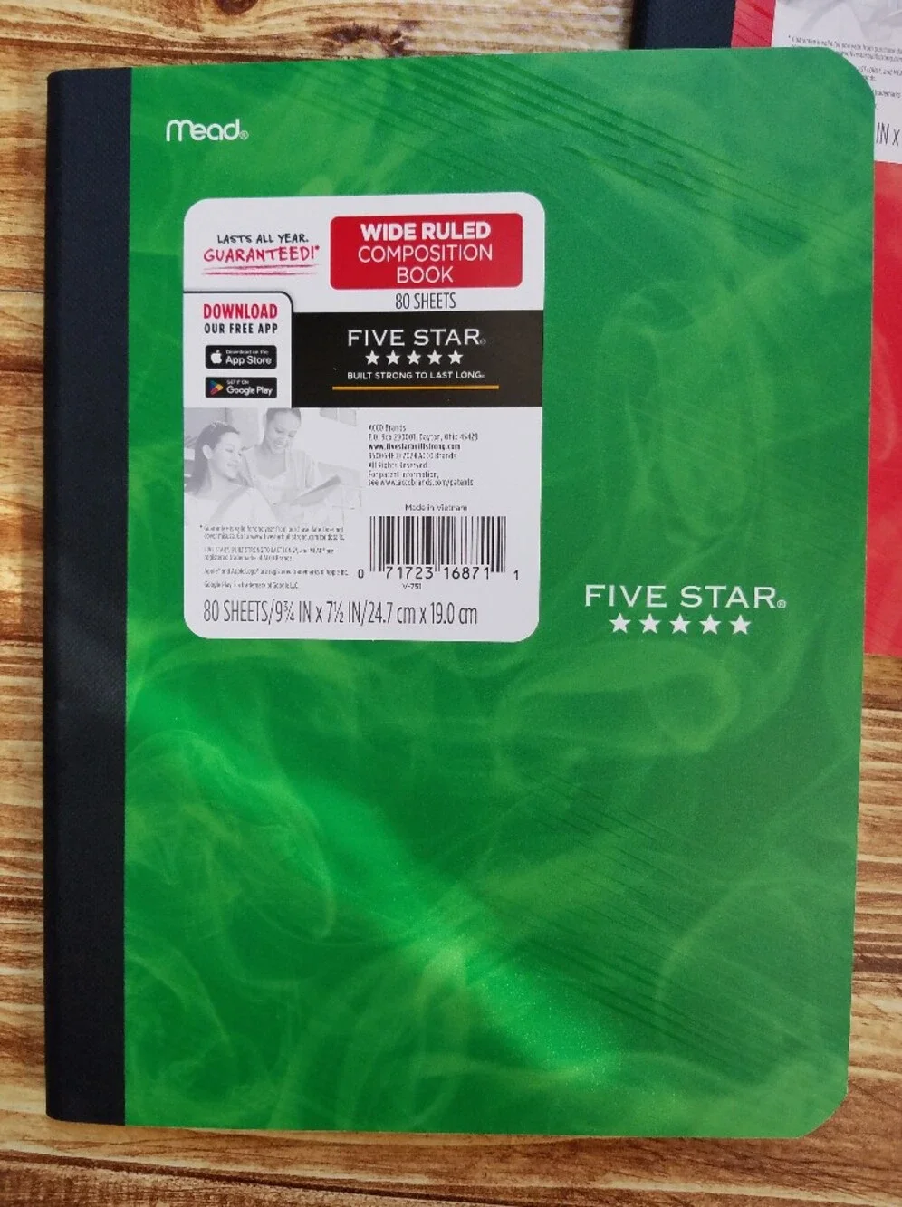 Five Star Composition Wide Ruled Notebooks in Red, Green, and Gray Set of 3 NEW
